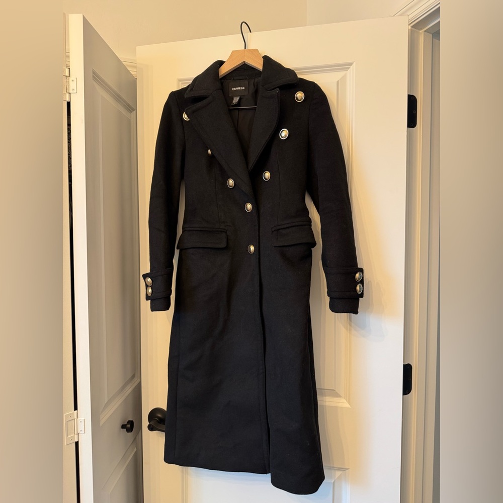 Express black wool blend military Trench winter coat.  NWOT - Picture 4 of 11
